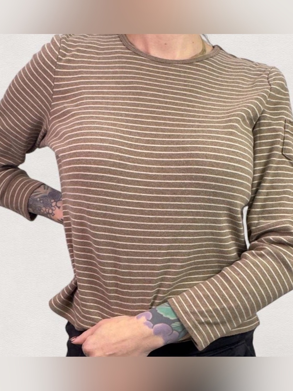 VTG Lauren Ralph Lauren | Tan Beige & White Striped Long-Sleeve classic top Y2K
